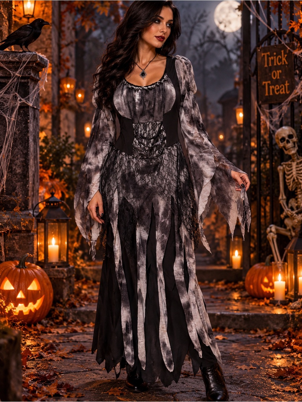 Haunted Elegance Black & Gray Long Sleeve Maxi Dress